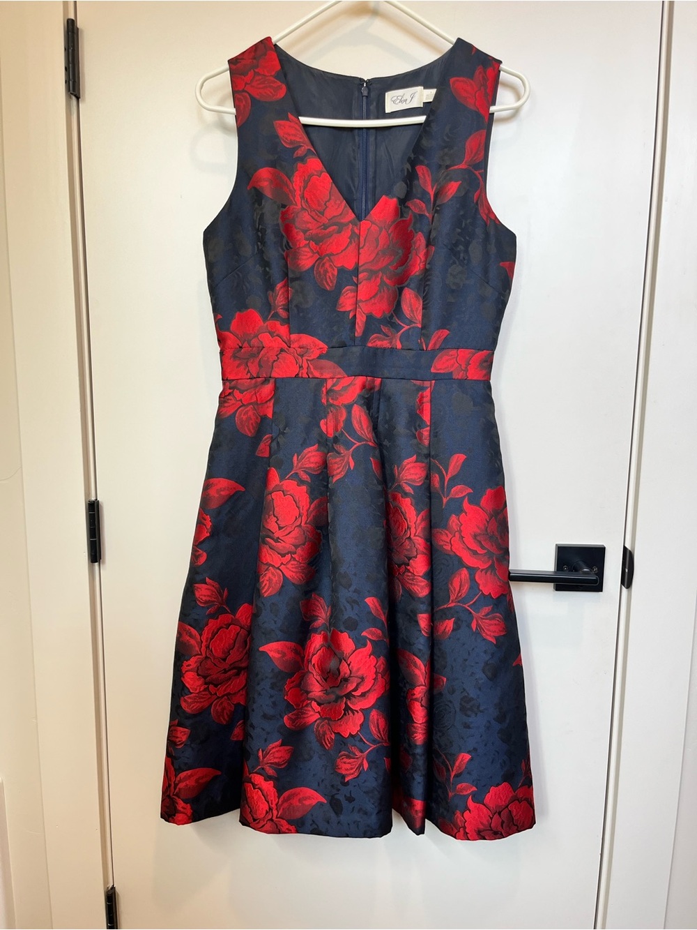 Eliza J Navy Dress with Red Floral Jacquard